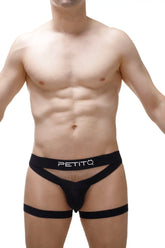 Black petitq branded briefs jockstring speiger 2023 with cut-out design and leg straps front view