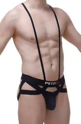 Black jockstring suspenbust suspender-style briefs with sleek form-fitting design and crisscross straps
