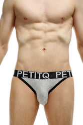 Gray and black petitq men’s briefs with textured bamboo fabric waistband featuring brand name in white lettering