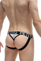 Black and silver petitq jock thong bamboo gray with bold logo waistband showing the back side of the product