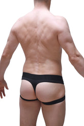 Black jockthong barie bee green thong underwear with wide waistband and thin side straps shown from the back side