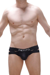 Black jockthong bost bee briefs with mesh front and side cutouts made of breathable fabric for men