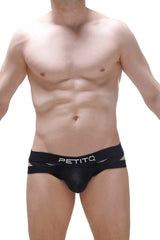 Black jockthong bost bee briefs with mesh front and side cutouts made of breathable fabric for men