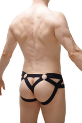 Black harness-style jock thong briefs with metallic rings at front and back for bold 2023 fashion statement