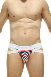 Men’s JockThong Bost Grandieu briefs with white red blue and black striped chevron pattern and wide white waistband