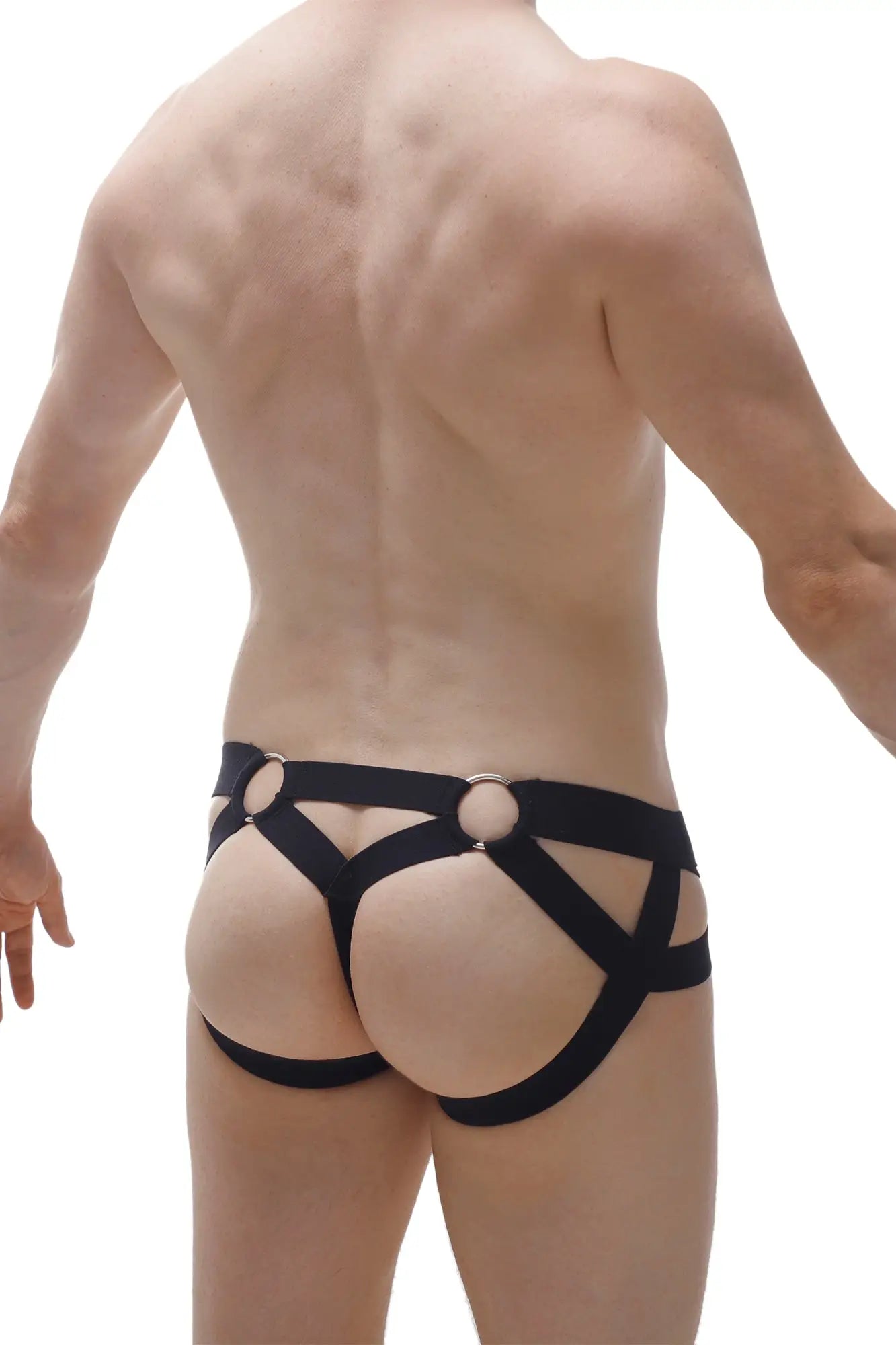 Black leather harness style briefs with silver toned metal rings jockthong bust net black product front view