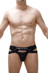 Black petitq jockthong briefs with crisscross design and white logo waistband in 2023 collection