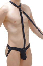 Black leather harness-style men’s underwear with adjustable straps and central clasp jockthong doggy black