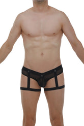Black mesh jockthong garter net briefs with supportive strappy design and ring detail visible from the back side