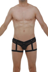 Black mesh jockthong garter net briefs with supportive strappy design and ring detail visible from the back side