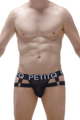 Black petitq brand jockthong mijoux net briefs with mesh front and adjustable straps featuring silver metal rings