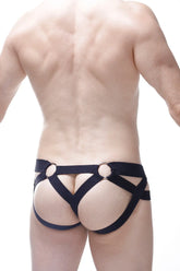 Black leather harness style underwear with metallic rings shown from the back in jockthong post bee black