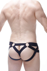 Black leather harness style underwear with metallic rings shown from the back in jockthong post bee black