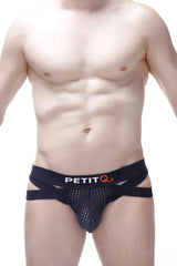 Black mesh jockthong post bee briefs with bold petitq logo in white and orange on the waistband