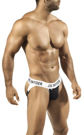 Black and white joe snyder active jock strap briefs with contoured design in size large front view