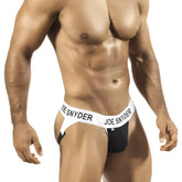 Joe snyder active jock strap underwear black with white waistband and bold black lettering size m front view