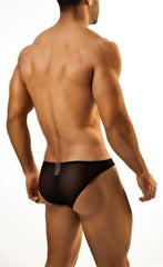 Black mesh briefs back side with sleek form fitting design and small silver tag by joe snyder bikini classic mesh