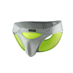 Joe snyder bikini sexiest gray and neon green mesh athletic briefs with supportive design shown from the back side
