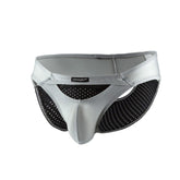 Silver and black mesh joe snyder bikini briefs with a sleek form-fitting design