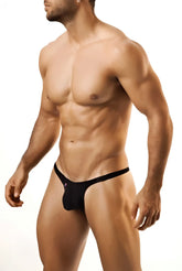 Black form-fitting Joe Snyder bulge bikini thong with a small red logo on the left hipband shown from the back