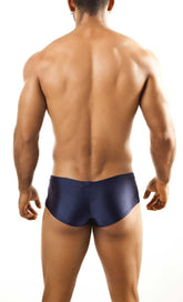 Navy blue satin joe snyder bulge boxer swim trunks designed for a supportive and stylish fit