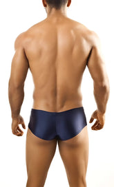Navy blue satin joe snyder bulge boxer swim trunks showcasing a sleek and comfortable design
