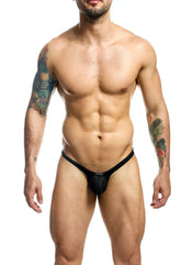 Black mesh joe snyder bulge thong holes with sleek form-fitting design showing front view