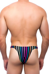 Joe snyder capri bikini 07 candy underwear in medium rainbow-striped thong with black base and vibrant neon vertical stripes