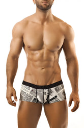 Black and white newspaper print boxer briefs with solid black waistband from joe snyder expression jsxps01 collection