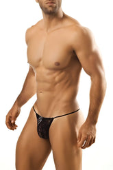 Black lace thong with a thin elastic waistband by joe snyder shown from the back side