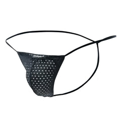 Black mesh thong with white polka dots and thin straps joe snyder g-string holes product front view