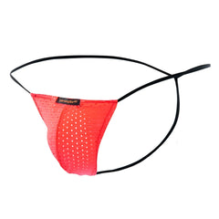 Joe Snyder g-string holes bright red perforated mesh thong with black elastic straps visible from the back side