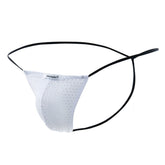 White perforated mesh thong with black elastic straps and joesnyder label from the joe snyder g-string holes line