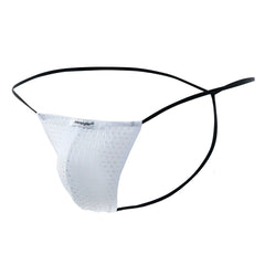 White perforated mesh thong with black elastic straps and joesnyder label from the joe snyder g-string holes line