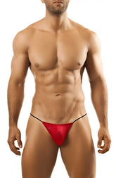Joe snyder g-string red shiny fabric thong with black trim showing the back side of the product