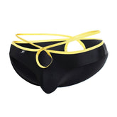 Joe Snyder Holes Bikini black swim trunks with yellow elastic straps and matching trim shown from the back side