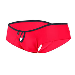 Bright red joe snyder holes mini cheek men’s briefs with black trim and a central cutout for bold style