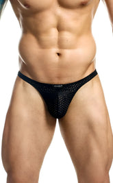 Black mesh joe snyder holes thong with perforated design and jonathan branded waistband visible on front side