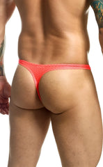 Bright red joe snyder holes thong with mesh texture and minimalist design shown from the back side