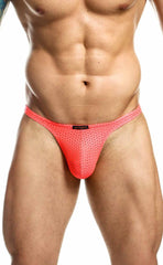 Joe Snyder Holes Thong bright coral pink mesh briefs with subtle perforated texture and black brand tag at waistband