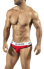 Red and black joe snyder active wear bikini briefs with white waistband designed for comfortable athletic use