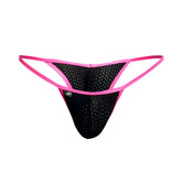 Black mesh thong with vibrant pink trim and subtle logo on the side from joe snyder kini holes collection