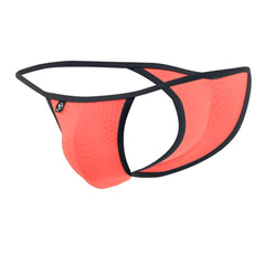Bright coral joe snyder kini holes brief with perforated mesh, black trim, and a small logo tag