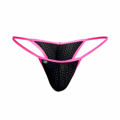 Black mesh thong with vibrant pink trim and subtle logo on the side from joe snyder kini holes collection