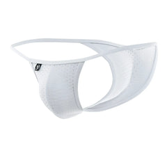 White perforated mesh men’s thong with sleek contoured design and subtle joe snyder branding tag for comfort