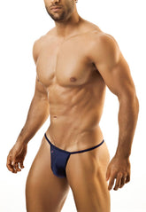 Navy blue joe snyder kini thong with thin waistband and subtle logo detail shown from the back side