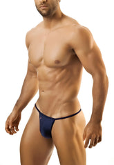 Navy blue Joe Snyder Kini thong with thin waistband and subtle logo detail shown from the back side