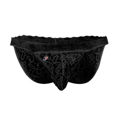 Black lace joe snyder low rise bikini briefs with intricate floral patterns and scalloped waistband front view