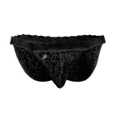 Black lace Joe Snyder low rise bikini briefs with intricate floral patterns and scalloped waistband front view