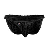 Joe Snyder low rise bikini brief lace JSL01 black lace trimmed men’s briefs with floral pattern and small circular logo